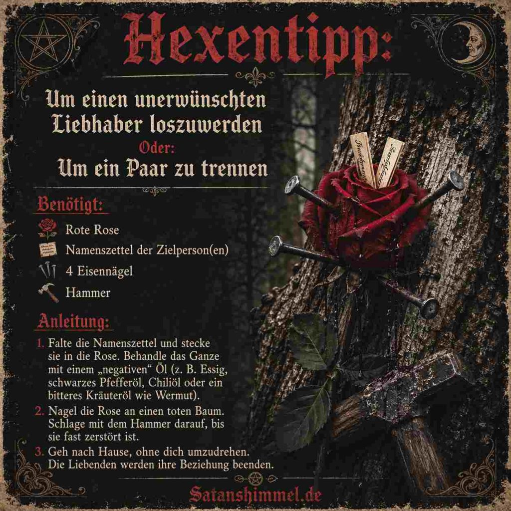 Das Ritual dient dazu, einen unerwünschten Liebhaber loszuwerden oder eine bestehende Beziehung zwischen zwei Personen zu trennen.