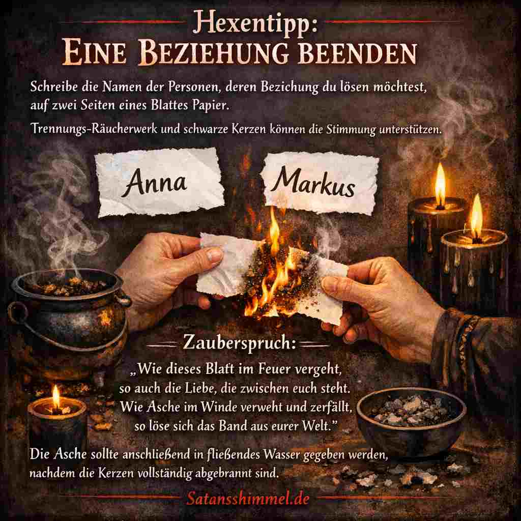 Das Ritual, bei dem die Namen zweier Personen auf Papier geschrieben, getrennt verbrannt und die Asche in fließendes Wasser gegeben wird, löst symbolisch eine Liebesbeziehung.