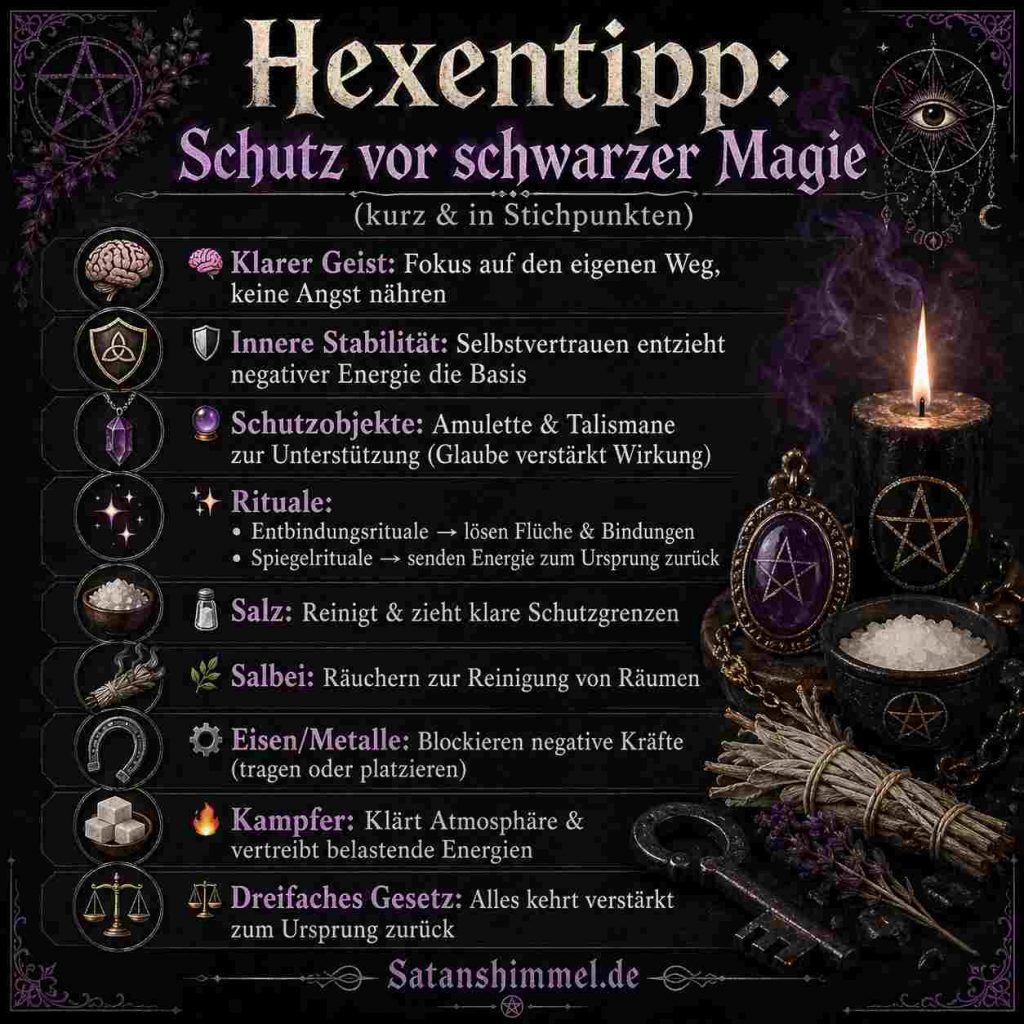 Ein klarer Geist, starkes Selbstvertrauen und bewusste Schutzrituale bilden in der Hexerei einen wirkungsvollen Schutz gegen negative Energien und sogenannte schwarze Magie.