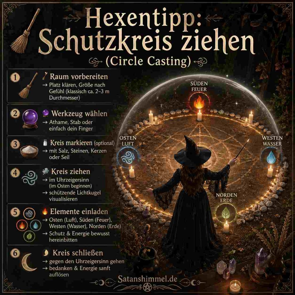 Ein Schutzkreis in der Hexerei ist ein bewusst gezogener energetischer Raum, der dich während eines Rituals vor äußeren Einflüssen schützt und deine eigene Energie bündelt.
