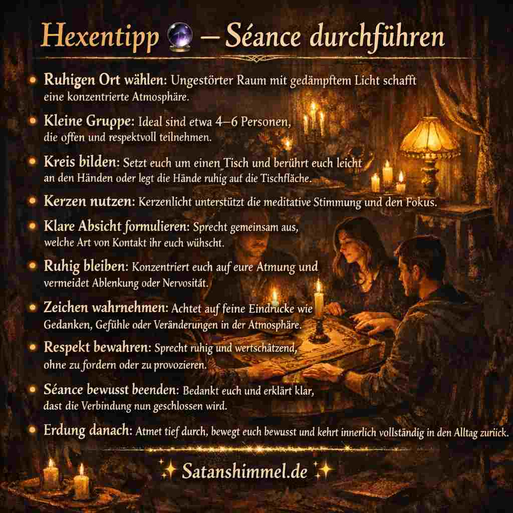 Eine Séance wird durchgeführt, indem eine kleine Gruppe in ruhiger Atmosphäre gemeinsam fokussiert eine klare Absicht formuliert und respektvoll auf mögliche Eindrücke achtet.