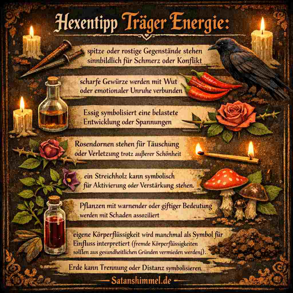 In der Hexerei gelten oft Gegenstände wie Amulette, Kräuter, Kerzen oder Runen als Träger von Energie, da sie symbolisch aufgeladen und in Ritualen zur Fokussierung der Intention verwendet werden.