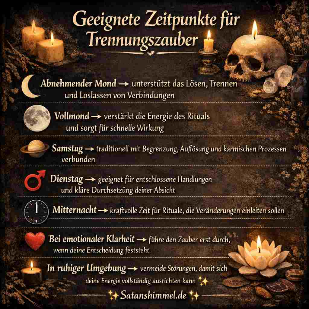 Gute Zeitpunkte für einen Trennungszauber sind der abnehmende Mond, Mitternacht, Samstag oder Dienstag sowie Momente, in denen du emotionale Klarheit und eine ungestörte Umgebung hast, damit sich deine Absicht kraftvoll fokussieren kann.