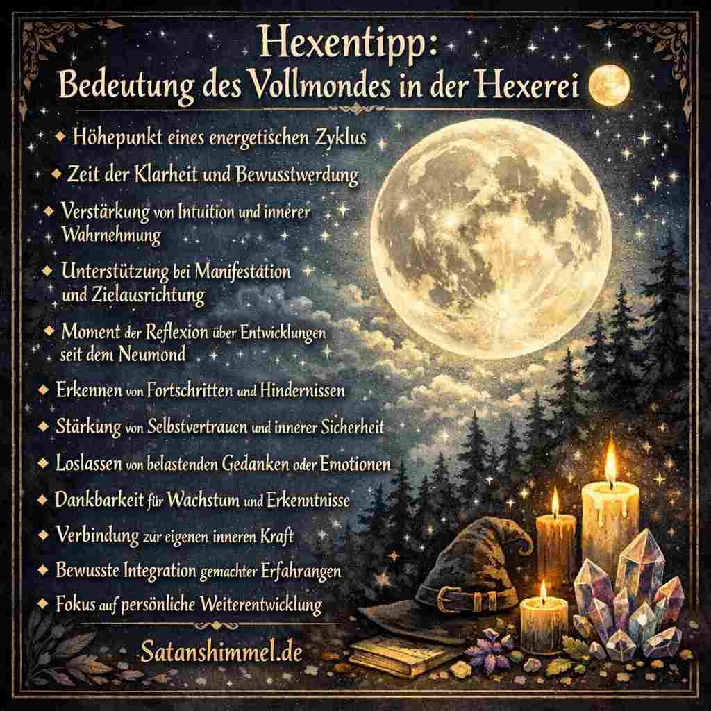 Der Vollmond gilt in der Hexerei als kraftvoller Höhepunkt des energetischen Zyklus, der Klarheit fördert, Intuition verstärkt und bei Manifestation sowie innerer Reflexion unterstützt.