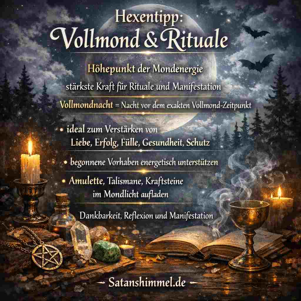 Vollmondrituale gelten in der Hexerei als besonders kraftvoll, um Manifestationen zu verstärken, Energie aufzuladen und Wünsche in den Bereichen Liebe, Schutz, Erfolg oder spirituelles Wachstum zu unterstützen.