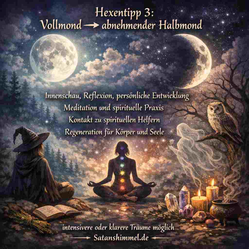 Die Phase vom Vollmond zum abnehmenden Halbmond lädt zur Innenschau, Reflexion, persönlichen Entwicklung sowie zu Meditation, spiritueller Praxis und Regeneration für Körper und Seele ein, wobei auch intensivere oder klarere Träume möglich sind.