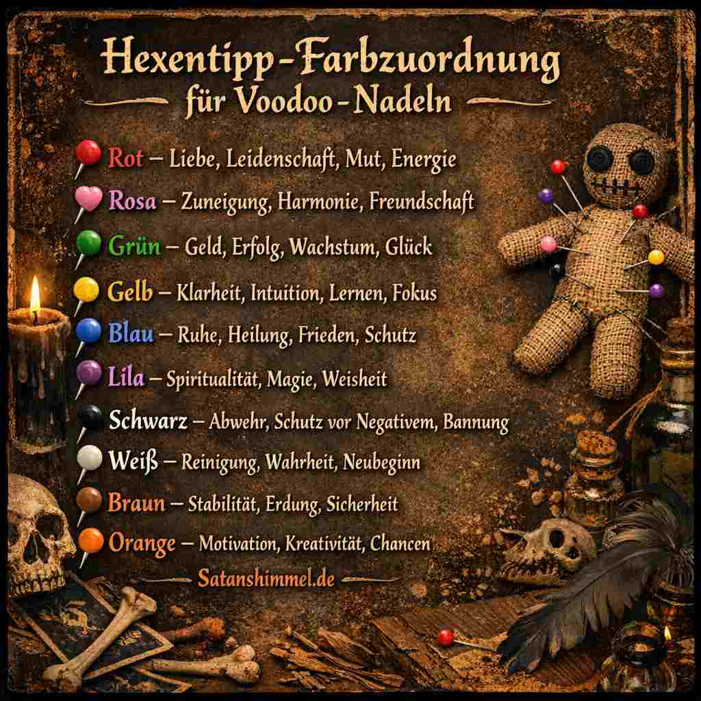Bei Voodoo-Nadeln stehen die Farben symbolisch für verschiedene Absichten – z. B. Rot für Liebe oder Energie, Grün für Erfolg oder Wachstum, Schwarz für Schutz und Weiß für Reinigung oder Klarheit