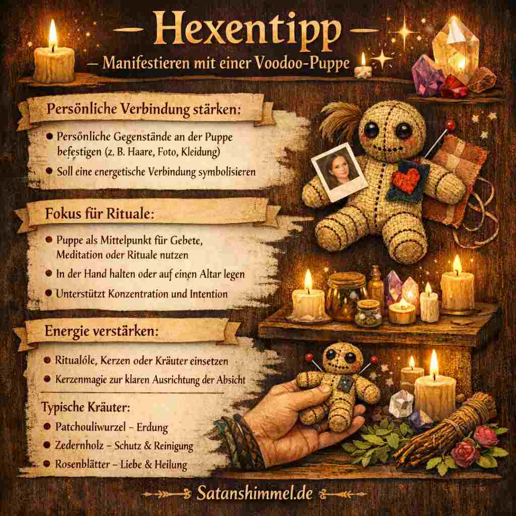 Manifestiere mit einer Voodoo-Puppe, indem du deine klare Absicht fokussierst, deine Energie bewusst überträgst und deinen Wunsch bereits als erfüllt fühlst