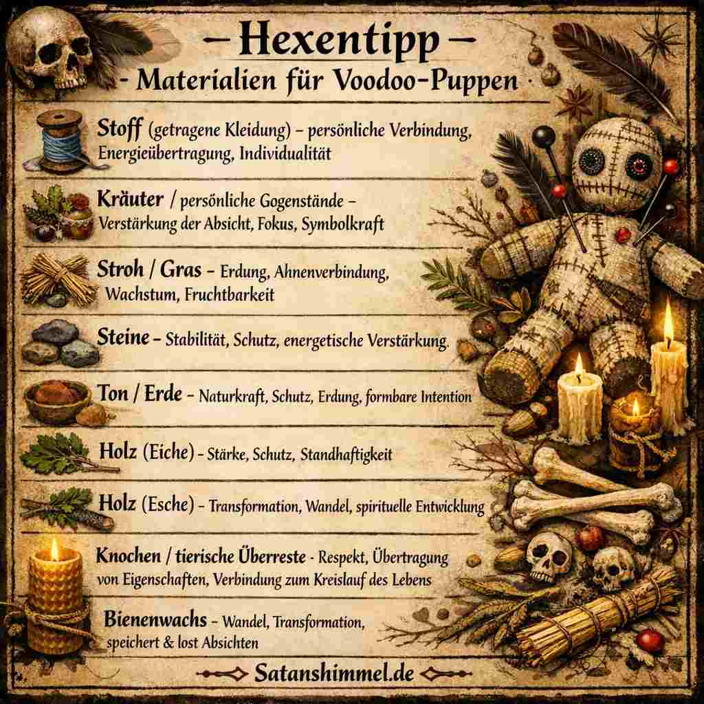 Typische Materialien für eine Voodoo-Puppe sind Stoff oder Wachs als Basis sowie persönliche Gegenstände wie Haare, Fotos, Kräuter oder kleine Symbole, um die Verbindung zur Absicht zu stärken.