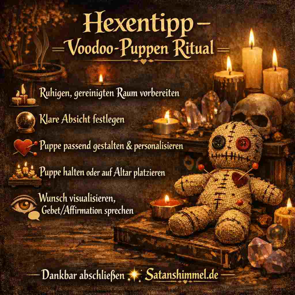 Ein Voodoo-Ritual wird durchgeführt, indem du in ruhiger Atmosphäre deine Absicht klar formulierst, die Puppe bewusst einbindest und dich mit Fokus, Visualisierung und Dankbarkeit auf dein Ziel ausrichtest