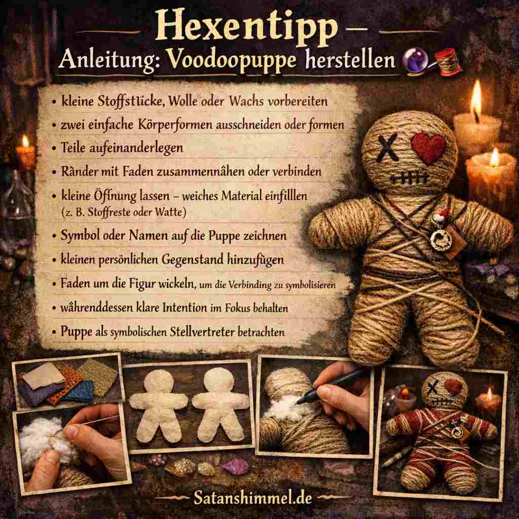 Eine Voodoopuppe wird in der Hexerei als symbolische Figur aus Stoff, Wachs oder Holz hergestellt, mit persönlichen Gegenständen versehen und mit klarer Intention als Stellvertreter einer Person genutzt, um Energie oder Einfluss im Ritual zu fokussieren.