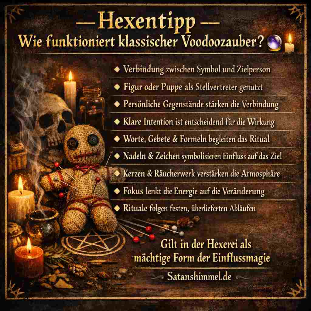 In der Hexerei basiert Voodoo darauf, über eine symbolische Verbindung zwischen einer Stellvertreterfigur und der Zielperson gezielt Energie, Intention und rituelle Handlung auf die gewünschte Veränderung zu lenken.