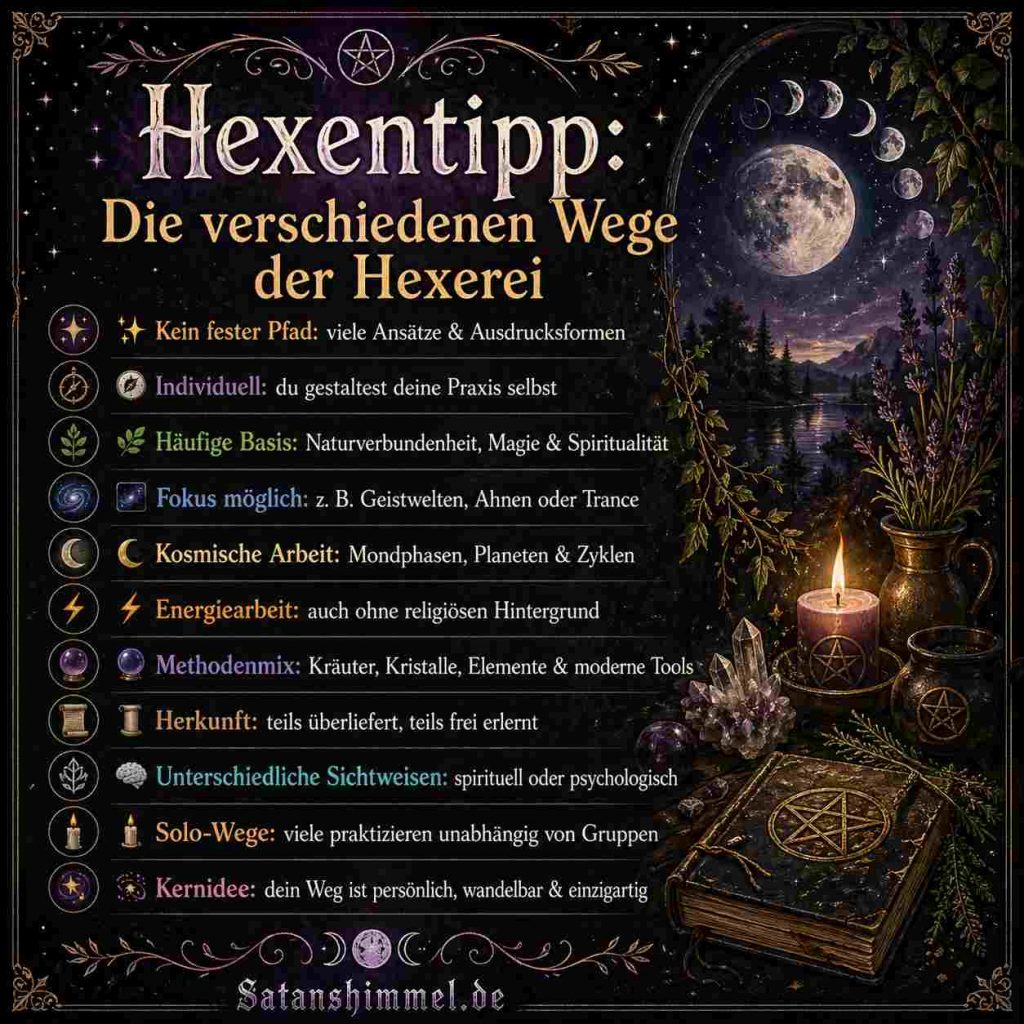 Die Wege der Hexerei sind vielfältig und individuell, sodass jede Person ihre eigene, einzigartige Praxis zwischen Naturverbundenheit, Spiritualität und persönlicher Erfahrung gestaltet.