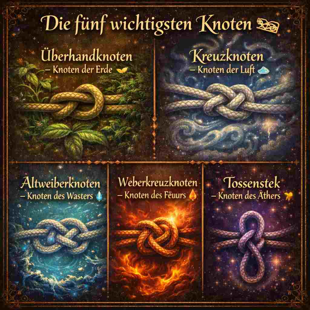 Diese fünf Hexereiknoten stehen symbolisch für die fünf Elemente Erde, Luft, Wasser, Feuer und Äther und helfen dabei, Energie gezielt zu lenken, zu stärken oder zu lösen.