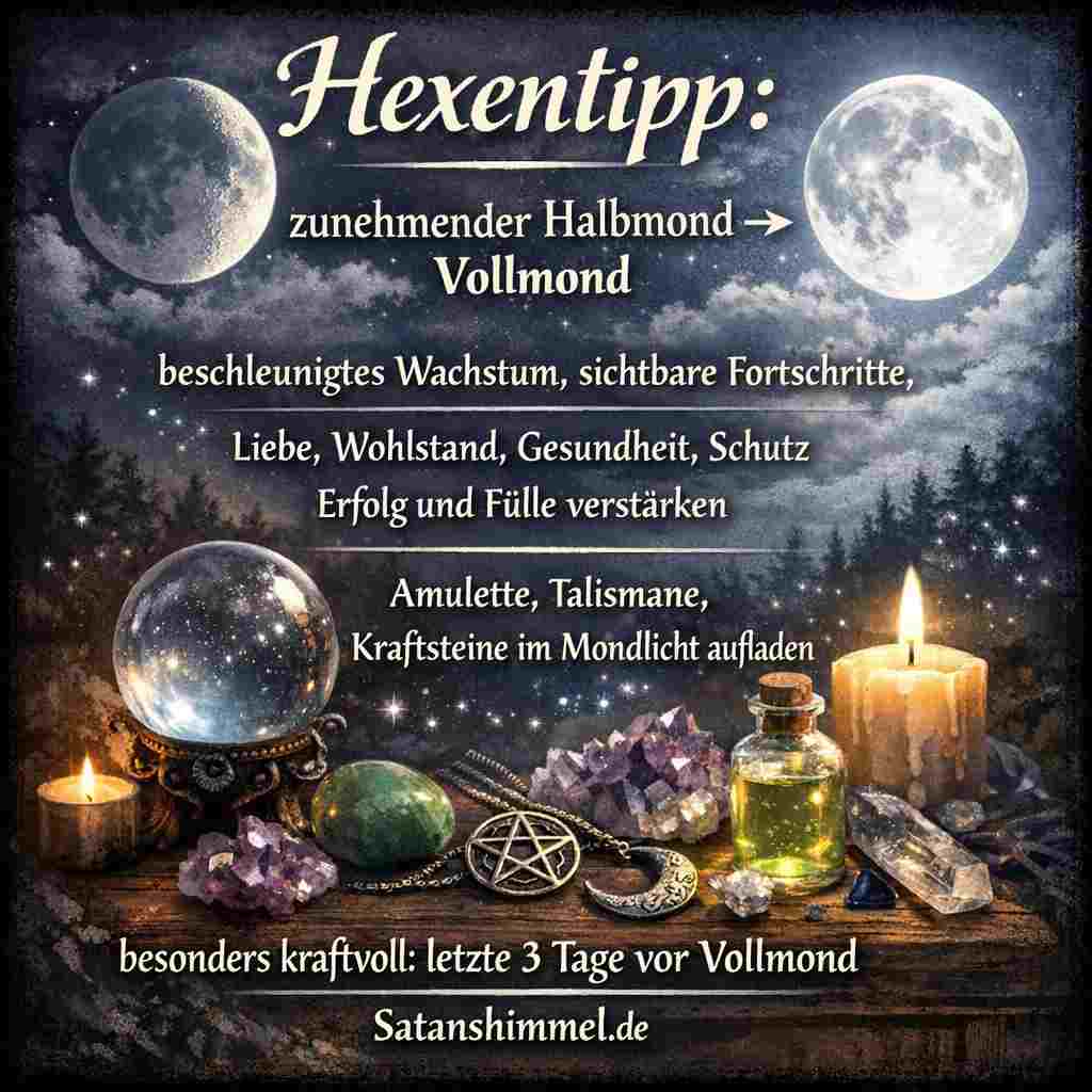Magischer Hinweis für die Zeit vom zunehmenden Halbmond bis zum Vollmond: ideale Phase für Wachstum, Erfolg und das Aufladen von Amuletten, Talismane und Kraftsteinen im Mondlicht.