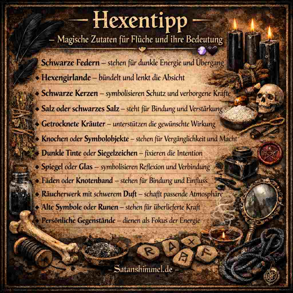Die Zutaten für Flüche haben jeweils eine symbolische Bedeutung – etwa stehen schwarze Kerzen für verborgene Kräfte, Salz für Verstärkung, Kräuter für Unterstützung der Absicht und persönliche Gegenstände für den Fokus der Energie.
