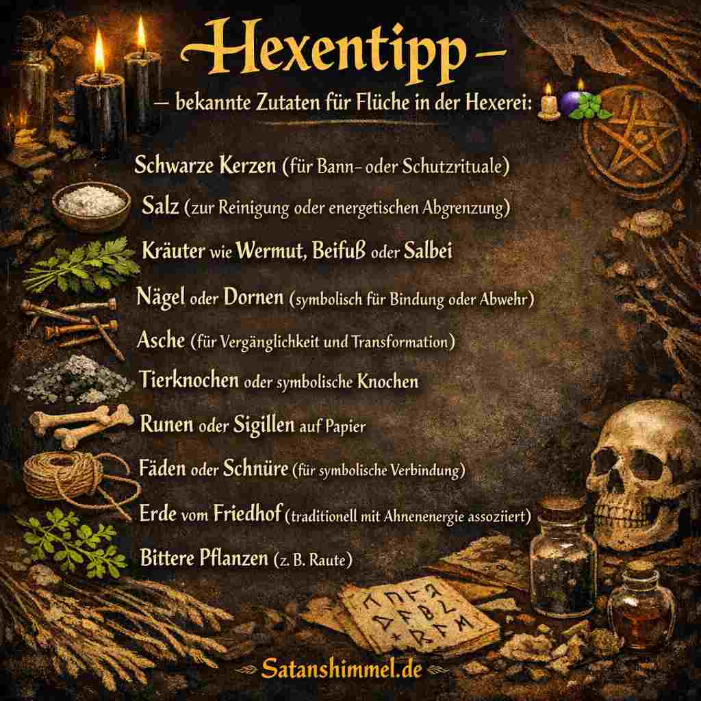 In der Hexerei werden Zutaten für Flüche traditionell symbolisch gewählt, da ihnen je nach Überlieferung bestimmte energetische oder spirituelle Bedeutungen zugeschrieben werden, etwa für Bindung, Schutz, Transformation oder Abwehr.